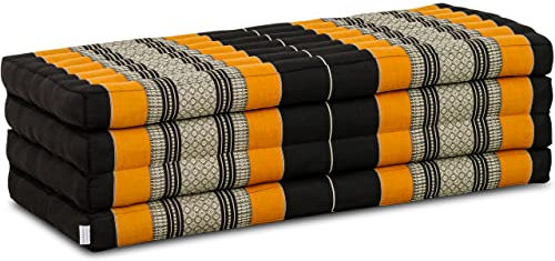 livasia Nachhaltige Klappmatratze aus Kapok - 200x110x8cm - breite Gästematratze, Faltbare Matratze, ökologische Yogamatte, klappbares Gästebett, Liege für Garten und Balkon (Schwarz/Orange)