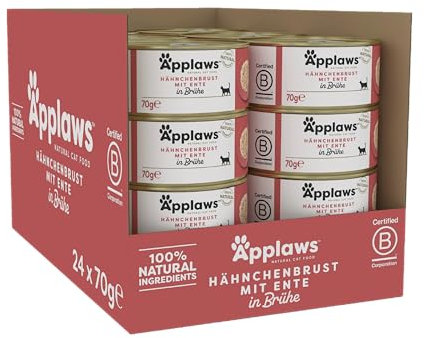 Applaws 100% natürliches Premium-Nassfutter für Katzen, Hühnerbrust mit Ente in Brühe - Packung mit 24 x 70g Dosen