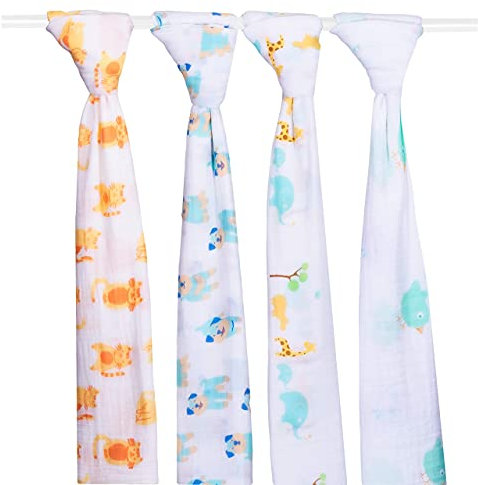 ana wiz Extra große, superweiche Mullwindeln – Tierdesigns – in Geschenkbox, 4 Stück