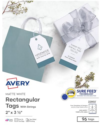 Avery Blank Printable Tags, Sure Feed Technology, 2 x 3.5, White, 96 Customizable Tags with String, Great for Branding, Gift Tags, Price Tags, and More (22802)