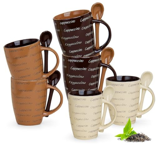 Modernes Cappuccino Tassen 6er Set mit Spruch in braun, beige, creme - Außergewöhnliche Kaffeetassen mit Löffel für 250ml - Schöne Mokka Tassen spülmaschinenfest und mikrowellengeeignet als Geschenk