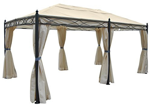Gazebo pergola baldacchino moderno elegante Cadice acciaio poliestere 5x3m avorio con zanzariere e tende