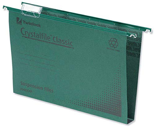 Rexel 330 Lateral Hanging Files with Tabs and Inserts, 15 mm V-base, 100 Percent Recycled Manilla, Green, Crystalfile Classic, Pack of 50, 70670
