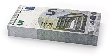 Cashbricks 100 x €5 Euro Requisitengeld/Prop Money - vergkleinert - 75% Größe – 100x €5 Euro Scheine – Filmgeld für Film, Foto, Bühne & Deko