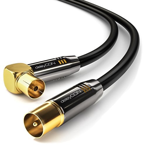 deleyCON 1,5m Cable de Antena TV HDTV Full HD - 1x en Ángulo Cable Coaxial Enchufe de TV (Recto) para Toma de TV (90° Grados) Tapón de Metal - Negro