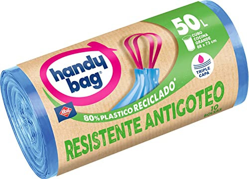 Handy Bag Bolsas de basura Resistentes Antigoteo - Bolsas para cubo de basura de cocina con cinta de autocierre y triple capa, resistente y antigoteo, 100% plástico reciclado, 50L, 10 unidades