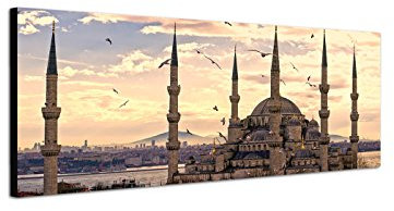 Augenblicke Wandbilder Leinwandbild als Panorama in 150x50cm Istanbul Moschee Sonnenuntergang Vögel