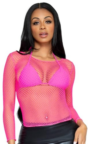 Leg Avenue Chemise Filet Industrielle à Manches Longues pour Femme, Rose Fluorescent, Taille Unique