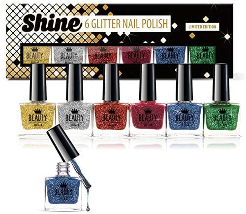 Shine Nail Polish Set of 6 Glitter Reflective Shimmery Colours 10ml Sparkly Shiny Nail Polish Easy Application by Beauty4Britain