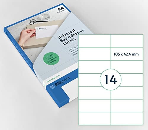 Rillprint Vielzweck Etiketten Selbstklebend - 1400 Stück – 105 x 42.4 mm - 14 Klebeetiketten pro A4-Blatt - Bedruckbar & Abziehbar - Universal Adressaufkleber - 100 Blatt, Weiß