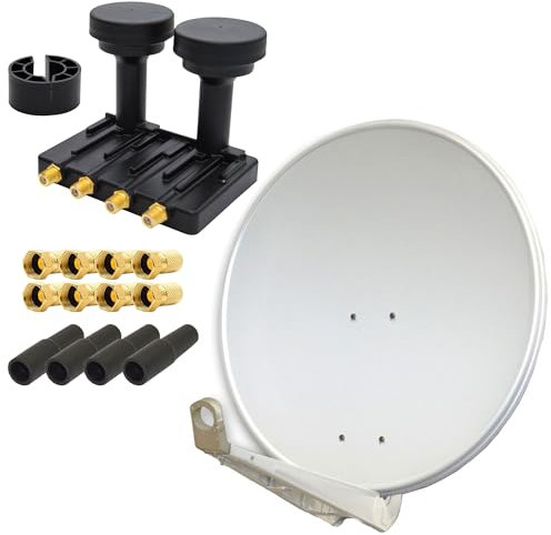 PremiumX DELUXE80 Aluminium 80cm Digital SAT Schüssel Spiegel in Hellgrau + Monoblock Quad PXMB-6Q LNB 0,1dB Astra 19,2° Hotbird 13° + 4X Gummitülle 8X F-Stecker
