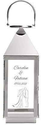 Casa Vivente Laterne aus Edelstahl mit Gravur zur Hochzeit, Personalisiert mit Namen und Datum, Motiv Brautpaar, Geschenkidee für Paare