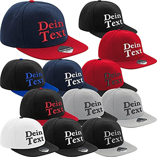 Nashville print factory Flat Peak Snapback Cap Bestickt mit Wunschtext Name Stickerei Wunschstickerei Mütze Basecap (Black/Black)