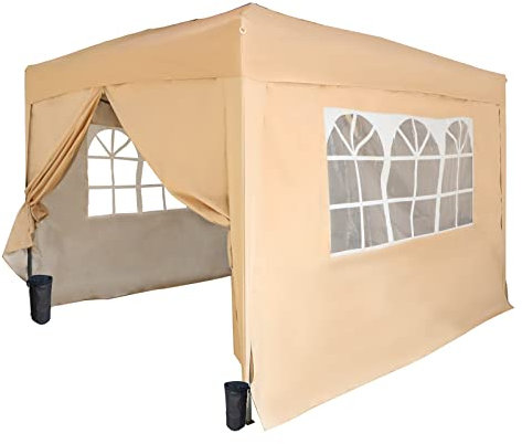 BIRCHTREE Pop Up Gazebo with Sides, 3m x 3m Waterproof with 2 Free Weather Support Beams 4 Gazebo Weight Bags. Garden Canopy Outdoor, Party Tent, 260g Polyester Powder Coated Steel Frame. BEIGE