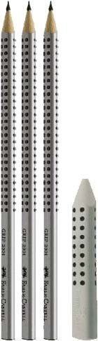 Faber Castell Grip 2001 | Farbe & Zubehör wählbar | In [Petrol, Brombeer, Grün, Silber, Blau oder Schwarz] (Bleistift + Radierer, Silber)