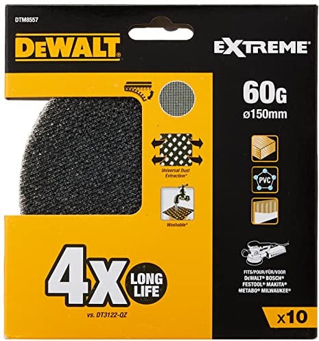 DEWALT Schleifgitter Extreme (60er Körnung, 150 mm Ø, mit Klettfix, für den Einsatz auf Exzenterschleifern, 10 Stück) DTM8557