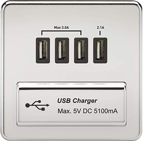 Knightsbridge SFAVQUADPC Screwless 1G Quad USB Charger Outlet 5V Dc 5.1A-Polished Chrome with Black Insert, 230 V