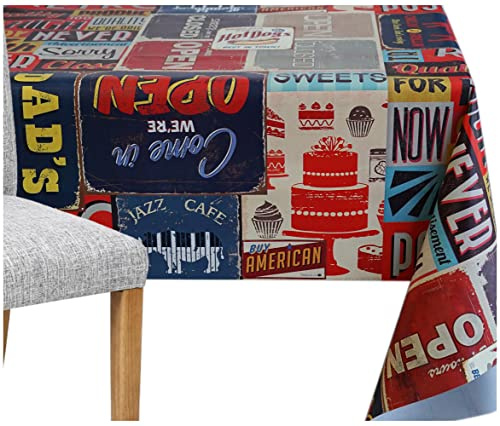 Retro American Diner Wipe Clean PVC Tablecloth Oilcloth Waterproof Fabric Vinyl Material - 200 x 140cm