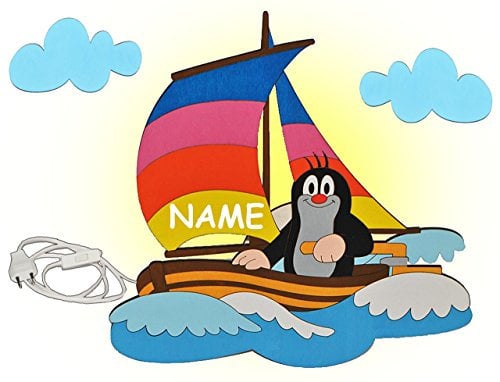 alles-meine.de GmbH Wandlampe Holz - der kleine Maulwurf - Pauli - incl. Wunschname - Lampe mit Schalter für Kinder - Kinderzimmer Kinderlampe Wandleuchte Boot Segelboot