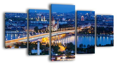 Leinwandbild Wien bei Nacht LW220 Wandbild, Bild auf Leinwand, 5 Teile, 210 x 100 cm, Kunstdruck Canvas, XXL Bilder, Keilrahmenbild, fertig aufgespannt, Bild, Holzrahmen, Östereich, Wien, Prater