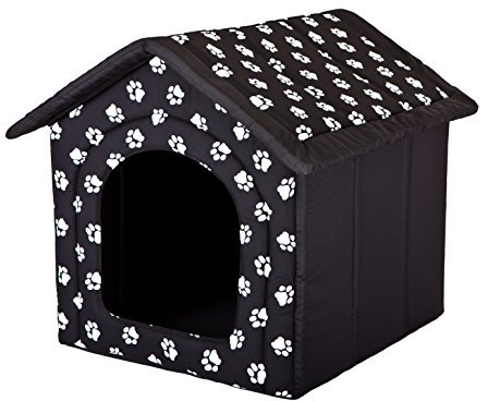 HobbyDog Hundehaus Hundehütte für mittelgroße Hunde - Katzenhaus, Katzenhöhle - mit herausnehmbarem Dach - Tierhaus für Katzen und Hunde für Drinnen/Indoor 60 x 55 x 60 cm [XL] Schwarz mit Pfoten