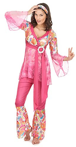 DEGUISE TOI - Déguisement hippie flower rose femme - Tunique - Pantalon - Ceinture - Bandeau - XL - Rose - Déguisements adultes - 100% Polyester - A la main - Carnaval