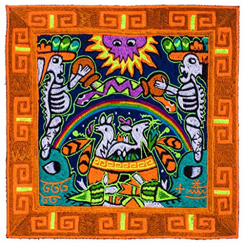 ImZauberwald Huichol Schamanen Zeremonie(20cm, Schwarzlicht aktiv, handgestickt) Hikuri Meskalin Kaktus Aufnäher Kunst