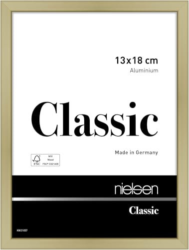 nielsen Bilderrahmen, 13 x 18 cm, Aluminium, Gold matt, Fotorahmen zum Auftstellen und Aufhängen im Hoch- & Querformat, Echtglas, Classic