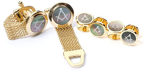 Masonic Freimaurer Onyx Manschettenknöpfe & Kleid Shirt Ohrstecker, Cufflink Box