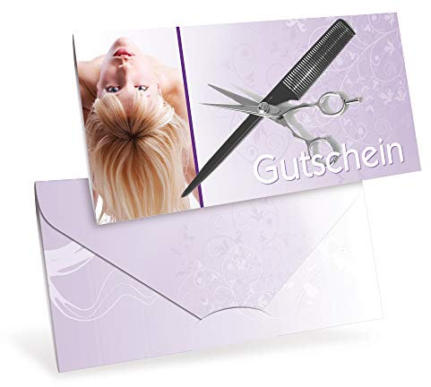 Gutscheinkarten (10 Stück) - Geschenkgutscheine für Friseur, Hairstyling, Coiffeure - DIN lang Faltkarte verschließbar, blanko Vordruck zum Eintragen der Werte