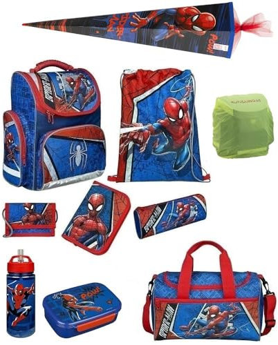 Familando Schulranzen 1. Klasse · ergonomischer Tornister · Schultasche für Jungen und Mädchen (Komplett Set mit Schultüte, Marvel Spiderman)