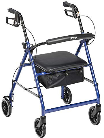Drive Medical Aluminum Rollator Walker - Fold Up - Padded Seat - 6 Inch Wheels - Lightweight Portable Design - Indoor Outdoor Mobility Aid - Blue
