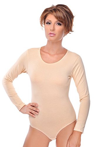 Evoni Damenbody | Overall Bodysuit mit Rundhals für Frauen | Langarm-Body in verschiedenen Farben | Optimale Alternative für Sport & Freizeit | Eleganter Jumpsuit(X-Large, Beige)