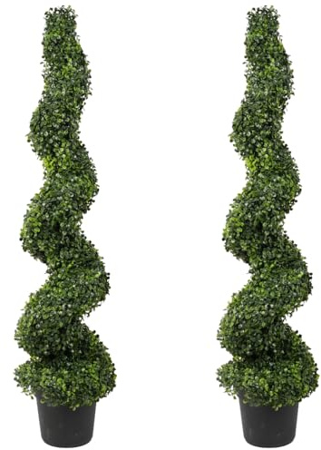 Best Artificial Pair of 120cm 4ft Boxwood Buxus Topiary Spiral Trees Professional Quality **UV Fade Protected**