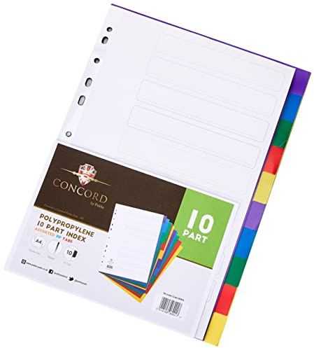 Concord Plastic Subject Dividers Polypropylene 120 Micron Europunched 10-Part A4 Assorted Ref 06901