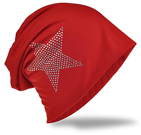 Jersey Slouch Beanie Long Mütze Stern mit Strass Stern Applikation