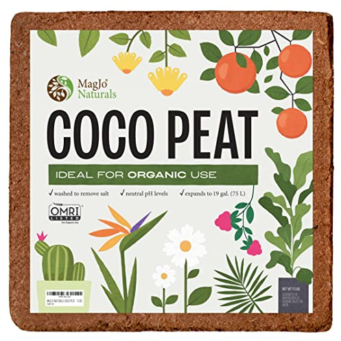 MagJo Naturals 100% Pure Coco Coir (Coco Peat) 11 Pound Block (5kg, OMRI Listed for Organic Gardening, Coconut Coir - Low EC and pH Balance - High Expansion Coco Fiber for Herbs, Flowers, Planting