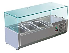 SARO Aufsatzkühlvitrine – Für 3× 1/3 GN – B 955 x T 395 x H 435 mm - Glasaufsatz – Digitale Temperaturkontrolle – Statische Kühlung – Edelstahl – R600a – Modell VRX 955/380
