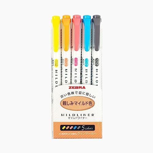 5er-Pack Zebra Highlighter Mildliner Marker mit Doppelspitze in sanften Farben, WKT7-N-5C