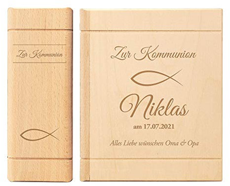 Casa Vivente Spardose in Buch-Optik aus Birkenholz, Sparbüchse mit Gravur zur Kommunion, Personalisiert mit Namen und Datum, Motiv Fisch, Kommunionsgeschenk für Mädchen und Jungen