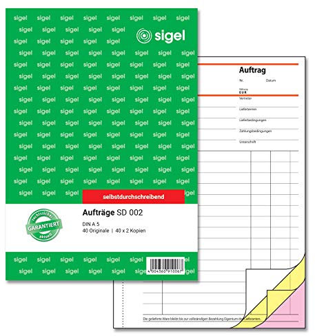 SIGEL SD002 Auftragsbuch A5, 3 x 40 Blatt, selbstdurchschreibend, 1 Stück, aus nachhaltigem Papier