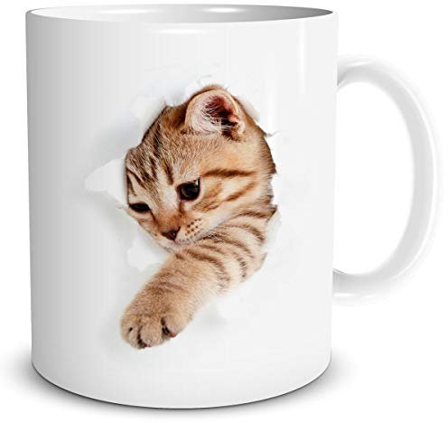 TRIOSK Katzen Tasse lustig mit Katzenmotiv Katze bricht durch Becher Geschenk für Katzenliebhaber Frauen Freundin Kollegin, Keramik 300ml