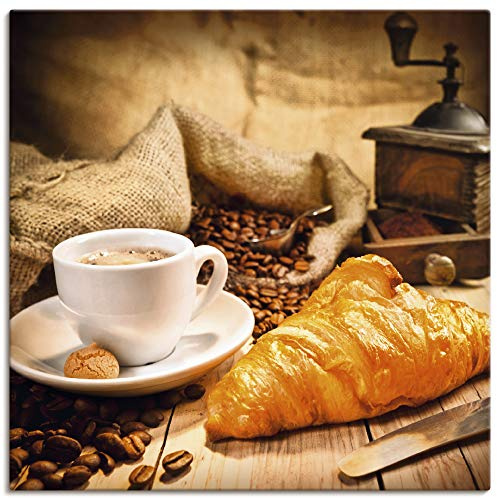 ARTLAND Wanddeko Leinwand Bilder Wandbild 50x50 cm Kaffee Coffee Cafe Kaffeebohnen Lebensmittel Croissant S6BT