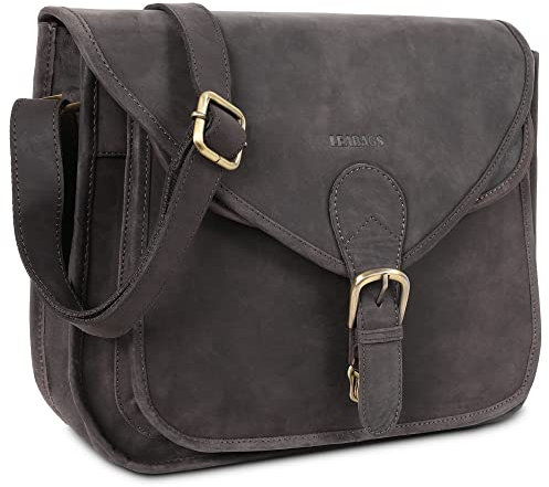 LEABAGS Leder Handtasche Damen I Premium Echtleder Umhängetasche I Damen Schultertasche I Damentasche I Tragetasche für Arbeit Uni Schule Freizeit I Größe L (32 x 31 x 9 cm) I Nature Dunkelbraun