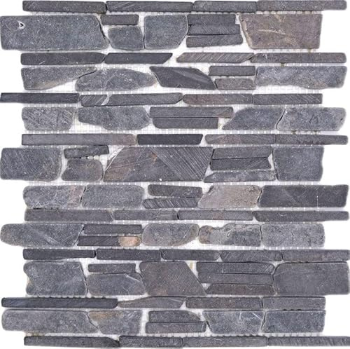 Mosaik Brickmosaik uni grau anthrazit - schwarz Marmor Naturstein Küche, Mosaikstein Format: 25-105x15x8 mm, Mattengröße: 305x305 mm, 10 Matten