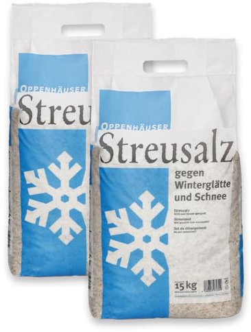 OPPENHÄUSER Streusalz 30kg: Sofort eisfrei & langanhaltend, DIN EN 16811-1, Auftausalz gegen Glatteis, Winterstreu für sichere Gehwege, Einfahrten & Parkplätze, Kornklasse M, Premium Qualität, 2x15kg