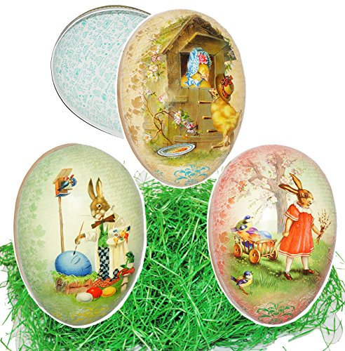 alles-meine.de GmbH 2 TLG. Set Ostergras & Füll - Pappei 15 cm - Vintage & Nostalgie Hasen - Osterei/Ei zum befüllen - Deko Pappe Papp Pappeier Dekoei Pappostereier Fülle..