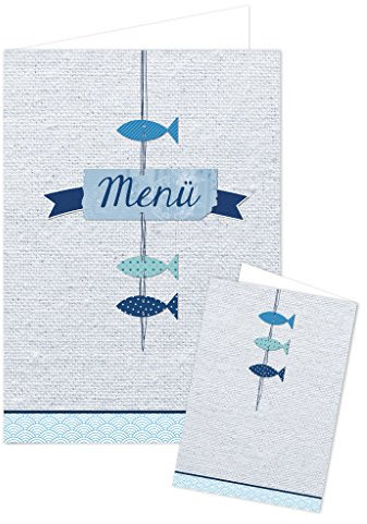 Logbuch-Verlag 20 maritime Menükarten blau weiß mit Fische Motiv - leere Speisekarten zum Bedrucken - Tischdeko Kommunion Taufe