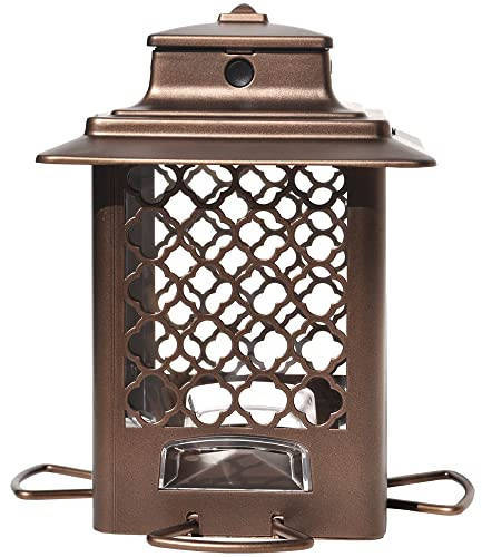 More Birds Bronze Metal Hopper Bird Feeder, Sunflower and Mixed Seed, 4 Feeding Stations, 3.6 lb Seed Capacity
