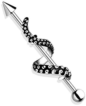 Paula & Fritz® Industrial Ohr-Piercing Stab Tentakel Chirurgenstahl 38mm Stab-länge 1.6 mm Stab-Dicke Silber Barbell Piercings Pfeil Bar